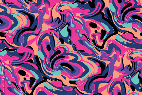 Abstract seamless paint pattern with colorful waves, rounds, lines. Oil paint ornament. Acrylic print for girl textile, fashion clothes. Marble texture