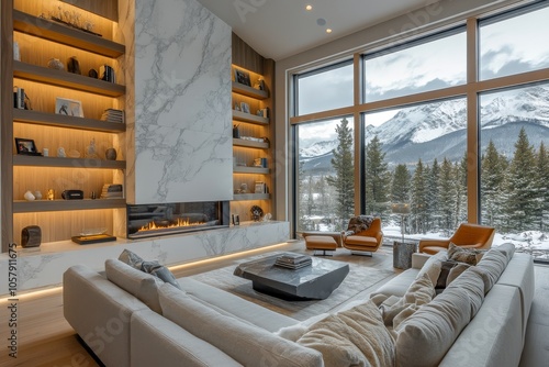 Modern living room with large windows showcasing snowy mountains in wintertime