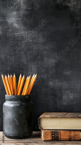 Yellow pencils in a black holder next to an old book on a wooden surface