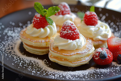 Airy cake with cream and red berries on a saucer.