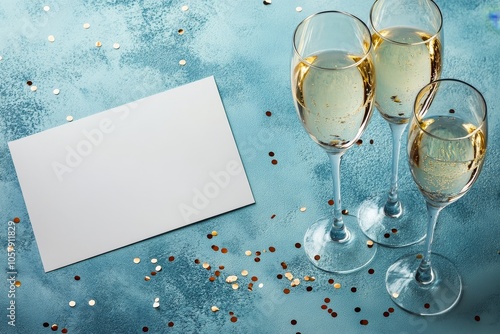 Celebration setup with three glasses of champagne and a blank card on a blue ...