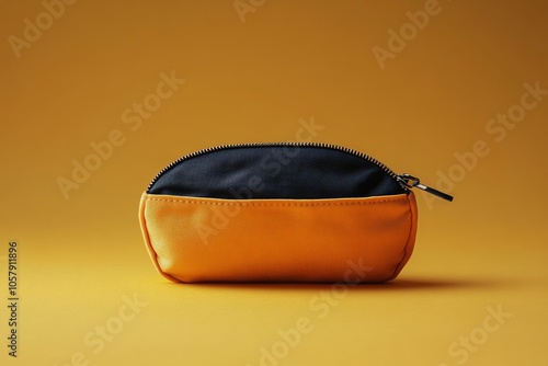 Stylish yellow fabric pouch on a vibrant yellow background showcasing modern ...