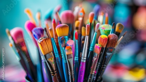 Many colorful paintbrushes are standing in a jar, showing that someone has been painting and is ready to create a new piece