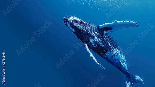 Underwater view of a large blue whale swimming in the deep blue ocean. The whale is in the foreground and is looking up towards the surface.