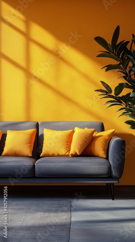 A cozy gray sofa with bright yellow cushions against a vibrant yellow wall in...