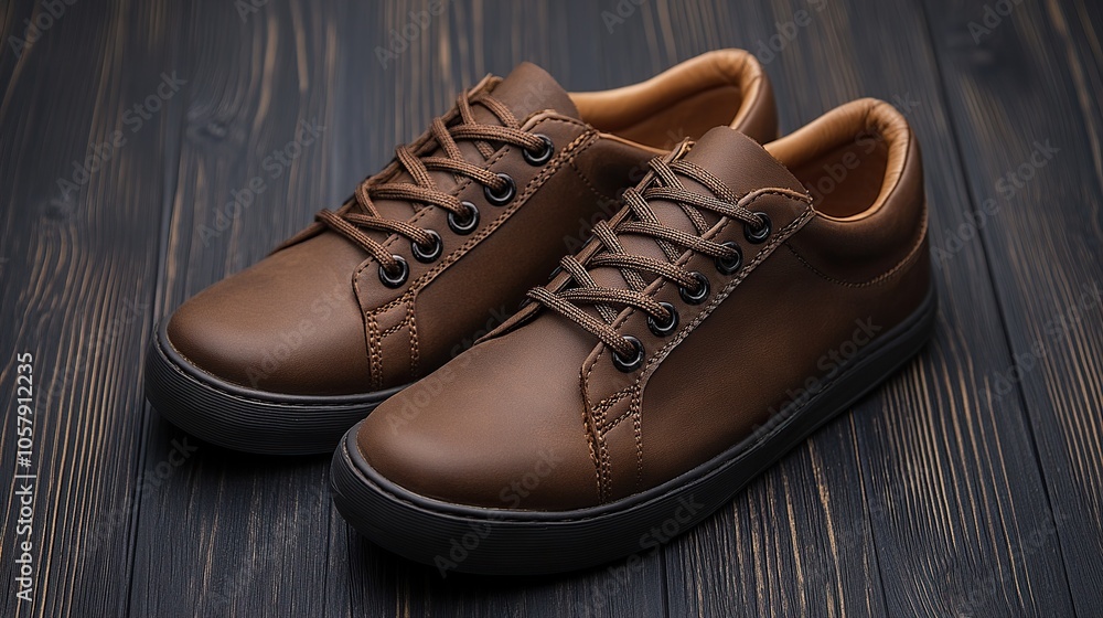 Men's brown leather shoes with shoelaces on dark wooden background, close up Men's brown leather shoes with shoelaces on dark wooden background, close up