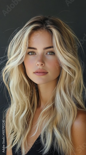 Young woman with long blonde hair and natural makeup posing against a dark ba...