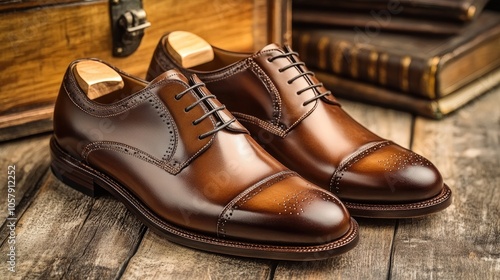 Elegant Brown Leather Dress Shoes on Rustic Wooden Surface