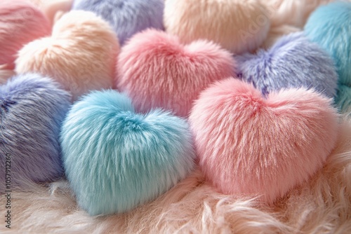 Soft, fluffy heart shaped cushions in pastel colors arranged aesthetically on...