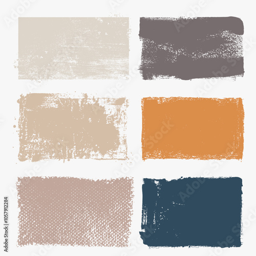 Grunge pastel square vector backgrounds. Set of colored painted squares or rectangular shapes. Realistic hand drawn brush strokes, ink. Set of dirty grunge design frames, borders or templates for text
