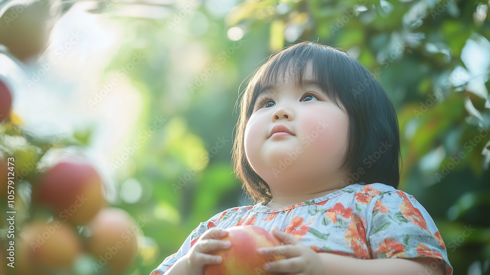 obese asian child playing in the garden. Portrait of a young asian child, plus size, overweight. Weight problems at young age, health risk at young children. obese asian child playing in the garden. Portrait of a young asian child, plus size, overweight. Weight problems at young age, health risk at young children.