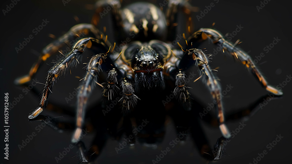 A close-up of a black and brown spider with long, hairy legs. The spider is sitting on a dark surface and is looking at the camera. A close-up of a black and brown spider with long, hairy legs. The spider is sitting on a dark surface and is looking at the camera.