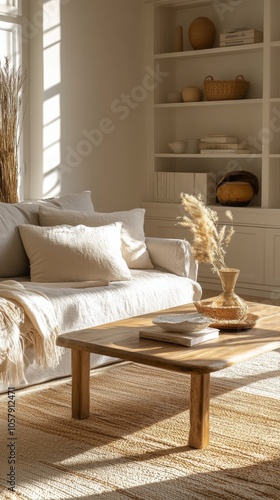 Modern living room with a cozy sofa, bookshelves, and plants in a warm setting