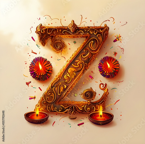 Diwali themed alphabet, letter decoration, gold floral ornament, graphic design illustration wallpaper 