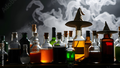 rows of many Halloween Witches' Potions isolated with white highlights, png