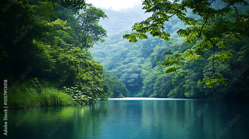 Serene Nature Scene: Generate an image of a serene natural landscape, showcasing tranquil waters and lush greenery. Serene Nature Scene: Generate an image of a serene natural landscape, showcasing tranquil waters and lush greenery.