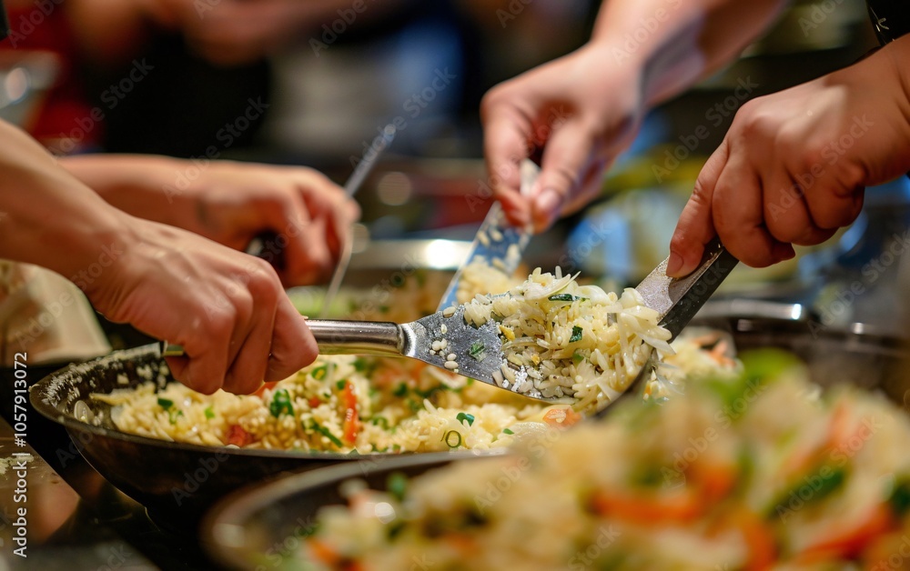 Close up image of peoples hands cutting a dish while Close up image of peoples hands cutting a dish while