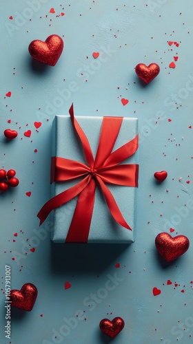 A beautifully wrapped gift on a blue background surrounded by red hearts for ...