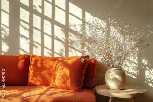 Modern orange sofa with decorative vase and sunlight streaming through the wi...