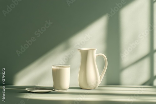 A white ceramic pitcher and a glass of milk on a green surface with soft sunl...