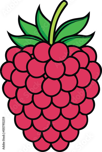 Raspberry Illustration with Leafy Stem, Bright and detailed illustration of a raspberry with a leafy stem, showcasing its vibrant red color and clustered texture in a graphic style.