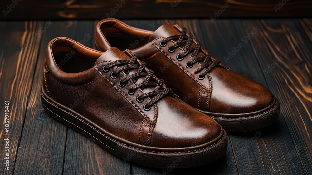 Men's brown leather shoes with shoelaces on dark wooden background, close up Men's brown leather shoes with shoelaces on dark wooden background, close up