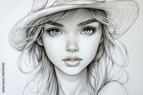 A detailed sketch of a young woman wearing a stylish hat in a contemporary ar...