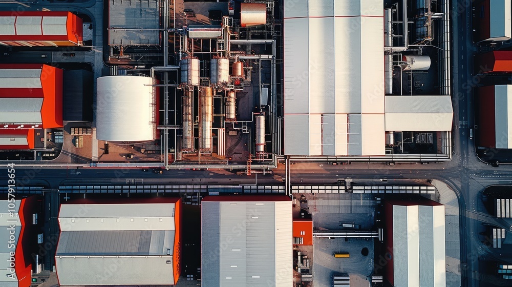 Top view of factory, white and black and red, steel, parametric pattern shell on the factory. Top view of factory, white and black and red, steel, parametric pattern shell on the factory.