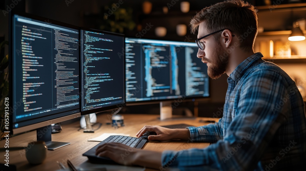 A focused software developer working at a desk with multiple monitors displaying lines of code in a dimly lit room. The developer is wearing a plaid shirt and glasses, illustrating a tech workspace. A focused software developer working at a desk with multiple monitors displaying lines of code in a dimly lit room. The developer is wearing a plaid shirt and glasses, illustrating a tech workspace.