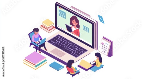 Wallpaper Mural Online learning scene with students joining virtual classes on their laptops, interacting with teachers via video chat and e-learning platform. Illustration. Torontodigital.ca