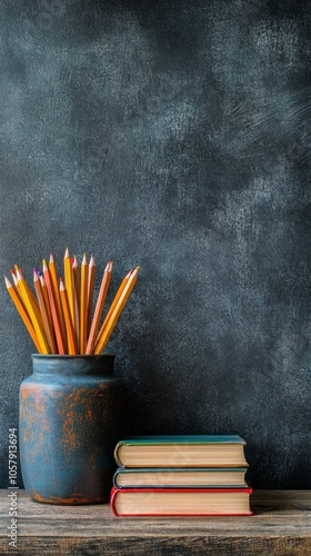 Yellow pencils in a black holder next to an old book on a wooden surface
