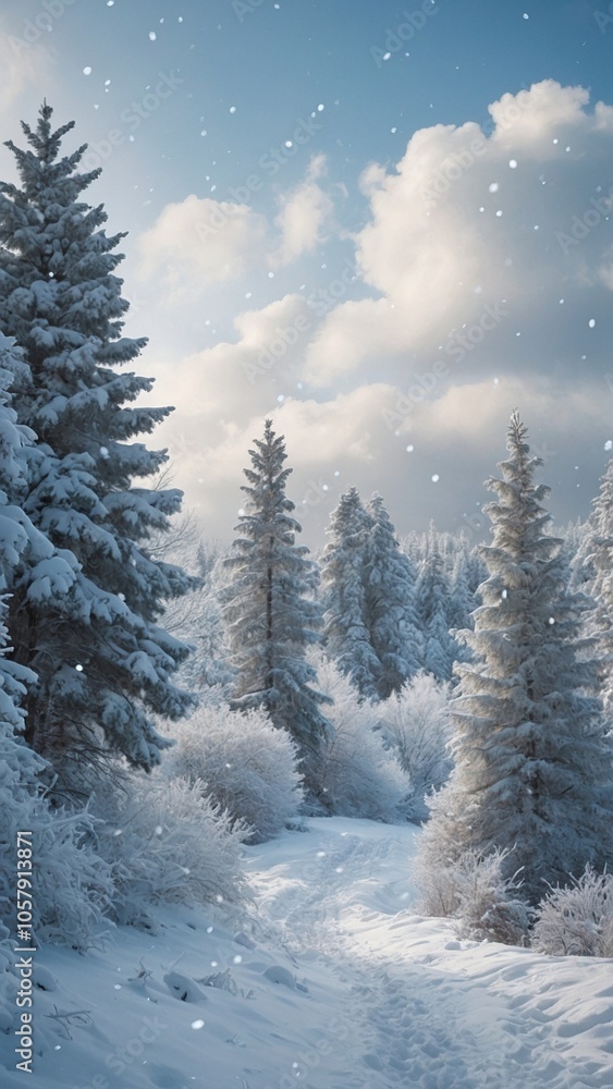 Beautiful winter landscape on a cold sunny day. A path in the snow, surrounded by tall snow-covered pine trees. Beautiful winter landscape on a cold sunny day. A path in the snow, surrounded by tall snow-covered pine trees.