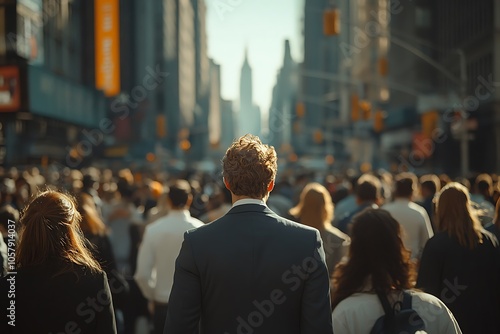 Man in Suit Walking Through Blurry Urban Crowd