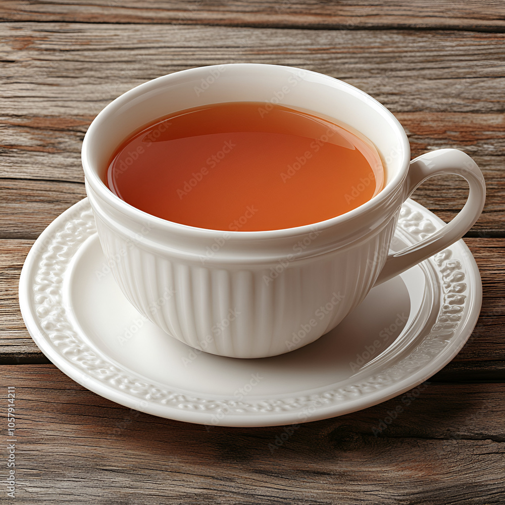 A steaming cup of herbal tea served on a rustic wooden table with a delicate saucer, inviting relaxation and warmth during afternoon moments