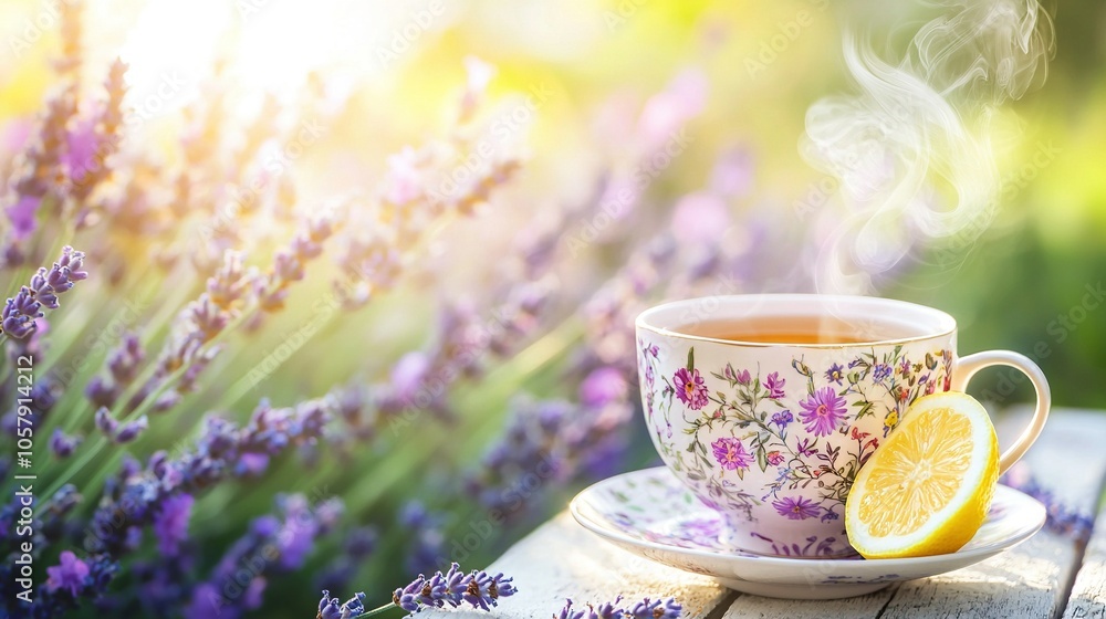 A steaming cup of tea with a lemon slice on a saucer, surrounded by a lavender bush A steaming cup of tea with a lemon slice on a saucer, surrounded by a lavender bush