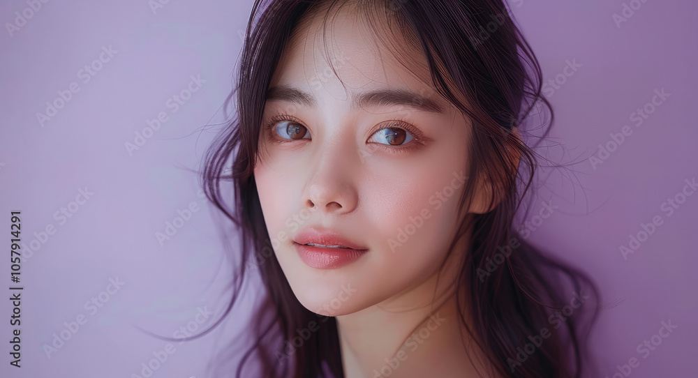 A portrait of beautiful Asian woman wearing a light purple dress, set against a light purple background. A portrait of beautiful Asian woman wearing a light purple dress, set against a light purple background.