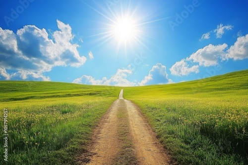 A winding dirt road through lush green fields under a bright sunrise in rural...