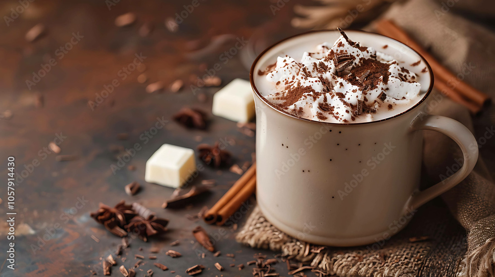 Hot chocolate with whipped cream and chocolate shavings. The cup is placed on a rustic table. Hot chocolate with whipped cream and chocolate shavings. The cup is placed on a rustic table.