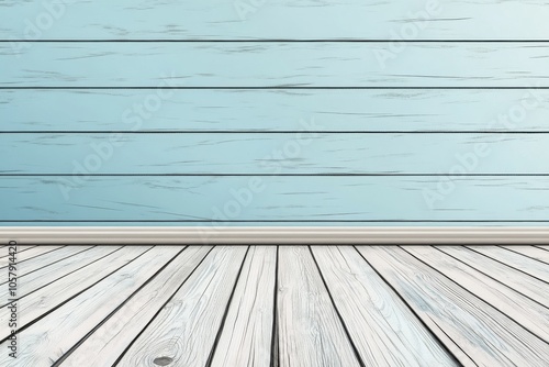 Light blue wooden wall with white planks flooring in a simple indoor setting