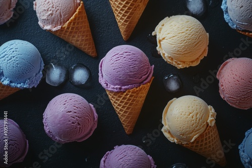 Colorful ice cream cones arranged on a dark surface with ice cubes and a summ...