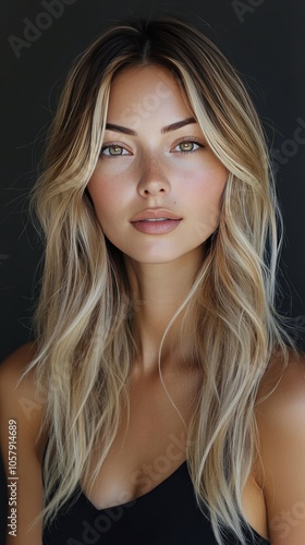 Young woman with long blonde hair and natural makeup posing against a dark ba...