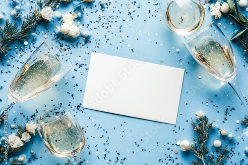 Celebration setup with three glasses of champagne and a blank card on a blue ...