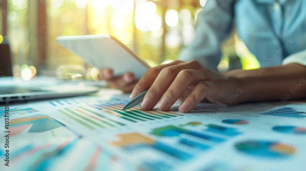 Person analyzing financial data with tablet and charts Person analyzing financial data with tablet and charts