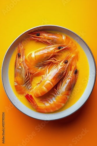 Fresh shrimp in vibrant orange sauce garnished and served in a bowl on a brig...