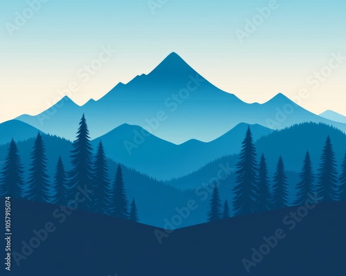 A serene mountain landscape with layered blue tones and silhouettes of trees.