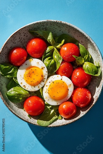 Fresh salad with sliced boiled eggs, cherry tomatoes, and basil on a bright b...
