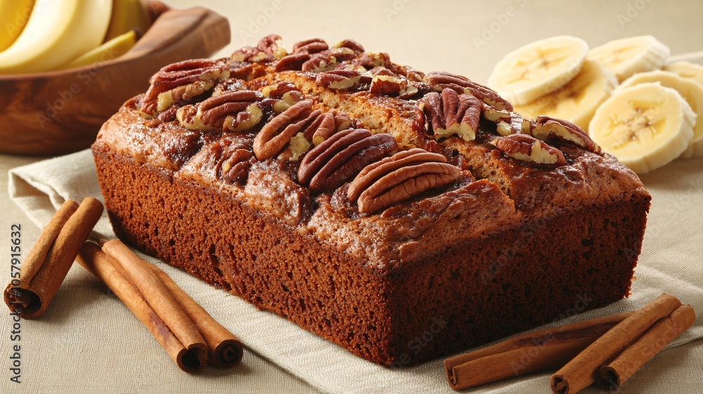 Banana bread loaf with pecans and cinnamon, isolated on a beige linen, with cinnamon sticks and fresh banana slices Banana bread loaf with pecans and cinnamon, isolated on a beige linen, with cinnamon sticks and fresh banana slices