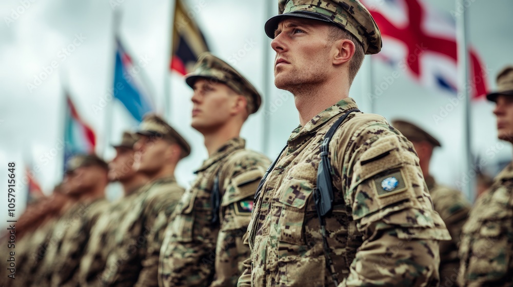 Soldiers in military uniforms stand in a parade formation, demonstrating discipline and unity, with flags waving in the background. Soldiers in military uniforms stand in a parade formation, demonstrating discipline and unity, with flags waving in the background.