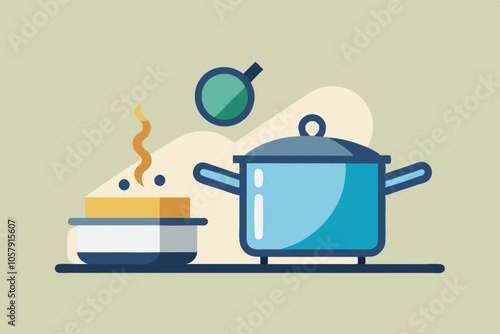 Boiling water in pan. Cooking pot on stove. Vector illustration