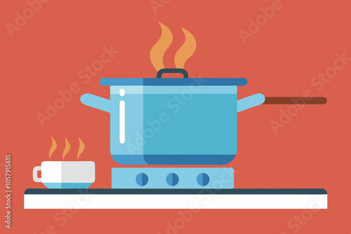 Boiling water in pan. Cooking pot on stove. Vector illustration